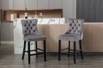 Contemporary Velvet Upholstered Barstools with Button Tufted Decoration and Wooden Legs, and Chrome Nailhead Trim, Leisure Style Bar Chairs,Bar stools
